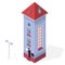 Tall slim house. Isometric blue building, red roof. Funny architecture.