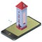Tall slim house. Isometric blue building, red roof in mobile phone. Funny architecture.