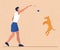 Tall sporty guy is playing with dog. The boy trains the pet. The man throws the ball to the dog. Dog jumps and catches the ball.