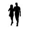 Tall sporty man and woman taking a walk together. Black silhouette isolated on white background. Front view. Monochrome