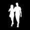 Tall sporty man and woman taking a walk together. White silhouette isolated on black background. Front view. Monochrome