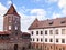 Tall steeples and towers, the roof of an old, ancient medieval baroque castle, a renaissance, Gothic in the center of Europe