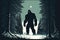 tall strong monster bigfoot stands next to large coniferous tree