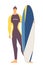 Tall strong young man with longboard surfboard standing isolated on white in full suit beachwear. Flat handsome character