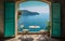 Tall teal doors open wide with a table for two, overlooking the tranquil Mediterranean sea and the picturesque Italian coast
