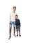 Tall teenager and little boy stand together embracing