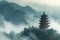 A tall tower stands proudly on a vibrant green hillside, offering a commanding presence in the landscape, A Chinese pagoda in a