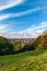 Tall view of Richmond, North Yorkshire and the castle with blue skies and autumn colors