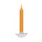 Tall wax candle on stone candlestick. Aromatic decoration for cozy home interior. Romantic scented glowing candlelight