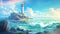 A tall, white lighthouse stands alone on a rocky island, surrounded by a vast ocean. Seamless looping video animated virtual