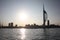 The tall white spinnaker tower overlooking portsmouth harbour in the solent