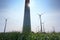 Tall wind turbines on a cornfield in backlight against a blue sky with a sun star, renewable energy concept in northern Germany,