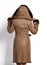 Tall woman model poses with her back to us in luxury brown sheepskin coat with large fluffy fur hood and cuffs on white