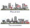 Tallahassee Florida and Raleigh North Carolina City Skyline set with Color Buildings Isolated on White. Cityscape with Landmarks