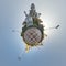 tallest hindu shiva statue in india on mountain near ocean on little planet in blue sky, transformation of spherical 360 panorama