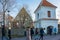 Tallinn, Estonia - 01.05.20: tourists at the entrance to the territory of the Catholic monastery of the Order of St. Brigitte