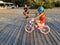 Tallinn, Estonia - 09.2019. silhouettes of a Bicycle against the sunset on the sea. Adults and children Cycling