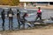 Tallinn, Estonia - October 18, 2008: Windsurfers in suits are preparing to ride.