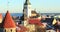 Tallinn, Estonia. Panoramic View Of Part Of Tallinn City Wall With Towers. Old Walls of Tallinn. Popular Place