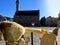 Tallinn old town hall square ,street cafe table and chair on medieval pavement ,empty city at spring ,blue sky and bright sunny da