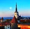 Tallinn old town  moon on sky birds fly , panorama on  medieval red roofs towers at evening sun light  travel to Estonia