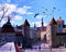 Tallinn old town tower red  roof city street panorama people walking birds fly  blue sky   lifestyle  spring  visit Estonia travel