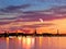 Tallinn panorama on sunset at starry night above sea ,Beautiful romantic starry night and full moon on blue sky at sea , and