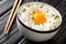 Tamago kake gohan is a simple Japanese dish made of raw Egg Over Rice close up in the bowl. Horizontal