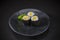 Tamago Maki served on traditional Japanese ceramic dish