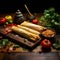 Tamal, chili peppers and tomatoes on a cutting kitchen wooden board