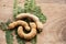 Tamarind and tamarind leaves on old wooden floor