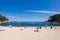 Tamariu beach in Costa Brava, bay with boats and yachts, Spain