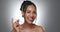 Tampon, face and woman with feminine hygiene product, menstruation and wellness on grey background. Female health