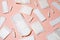 Tampons, feminine sanitary pads pattern on pink background. Hygiene care during critical days. Menstrual cycle. Caring for women`