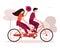 Tandem bike with happy couple. Smiling guy and girl enjoying cycling. Riding bicycle in the park. Walking, sports, traveling