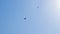 Tandem parachute jump. Silhouette of skydiver flying in blue clear sky