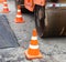 Tandem road roller and traffic cones on the road construction