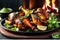 Tandoori Temptation: Platter of Tandoori Chicken, Vibrant Red Hues from Spices, Sizzling on a Cast Iron Plate with Char Marks