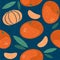 Tangerine seamless pattern. Mandarin juicy fruits with mandarin slices and leaves.