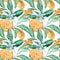 Tangerine seamless pattern. Orange cut, flowers and leaves. Watercolor illustration isolated on white background.