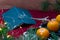 Tangerines, Christmas tree on a red background. Eiffel tower, Paris, plans for the New year and Christmas.