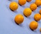 Tangerines displayed in a single line on a gray background close up