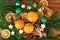 Tangerines fruits christmas decoration with fir branch and spices