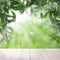 Tangerines garden and wooden table with sunlight. Concept with mandarin leaves