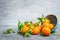 Tangerines with green leaves and bowl on rustic background