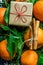 Tangerines Green Leaves Cinnamon Sticks Gift Box Snow Flakes Ornaments. Christmas New Year
