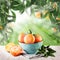 Tangerines leaves on green background with sunlight. Fruit concept with mandarin