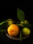 Tangerines with leaves in a rustic metal plate, on a black stone surface. Close-up. Citrus