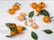 Tangerines with leaves scattered on a white table, on a white Christmas board mandarin divided into slices