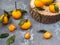 Tangerines with leaves on a wooden disk, gray background